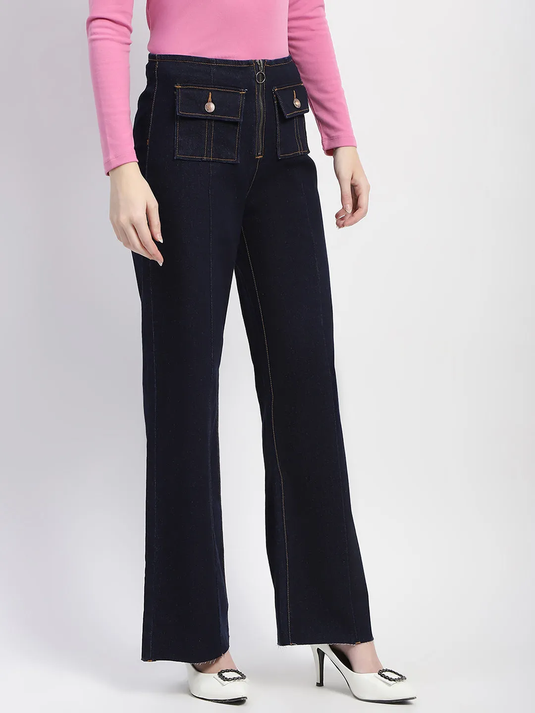 Madame Pleated Solid Carbon Blue Flared Jeans