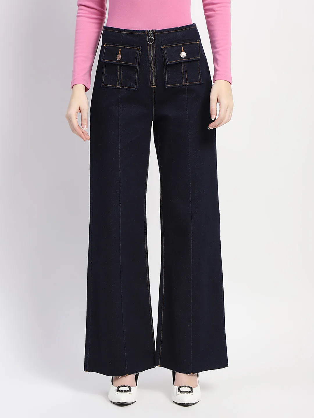 Madame Pleated Solid Carbon Blue Flared Jeans