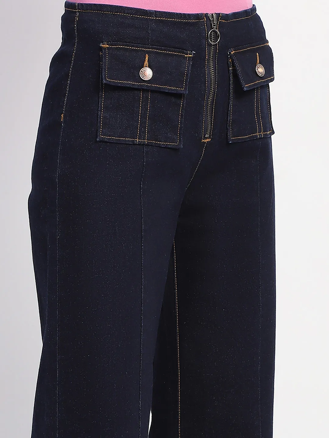 Madame Pleated Solid Carbon Blue Flared Jeans