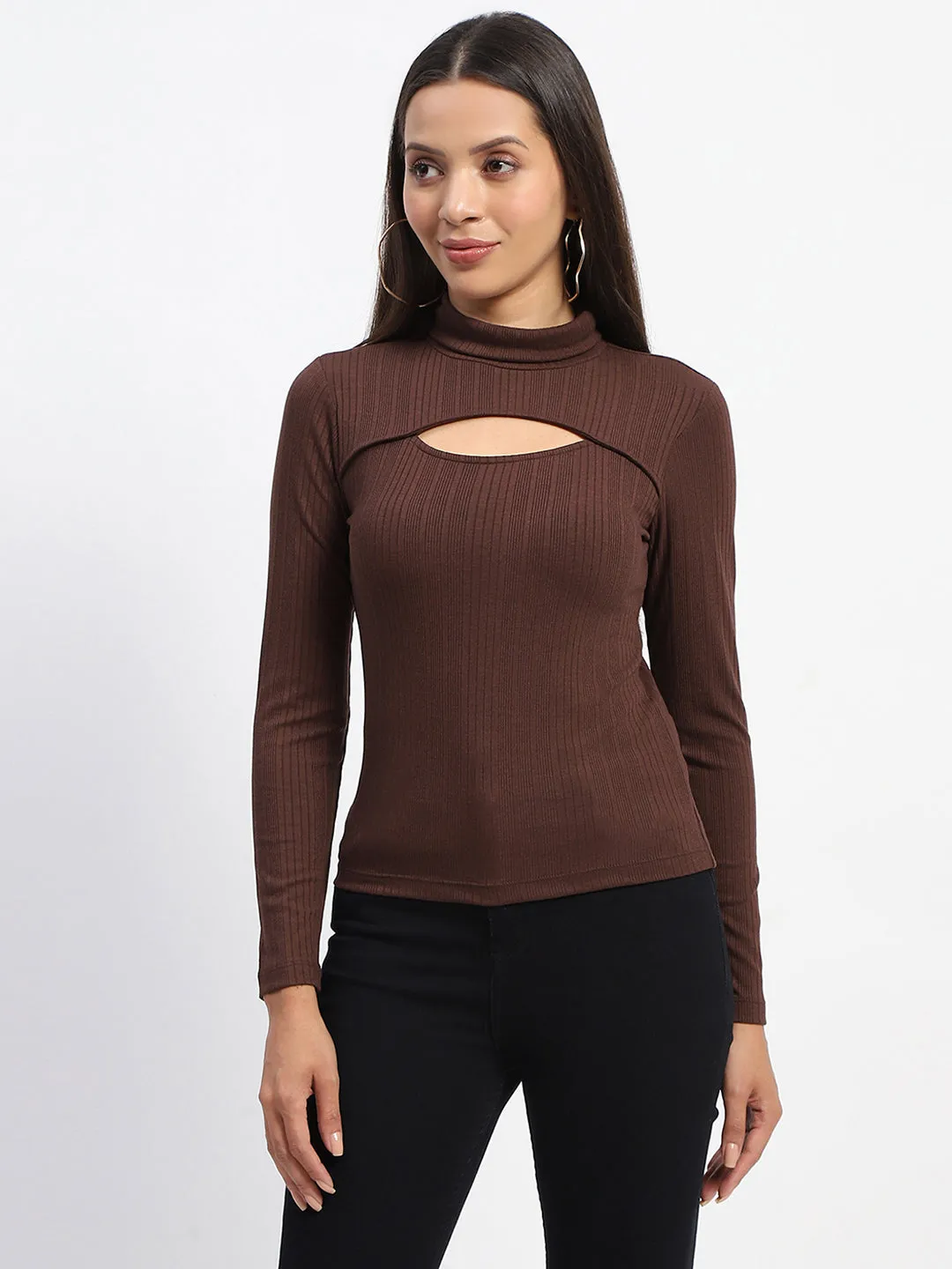 Madame Ribbed High Neck Cutout Coffee Brown Top
