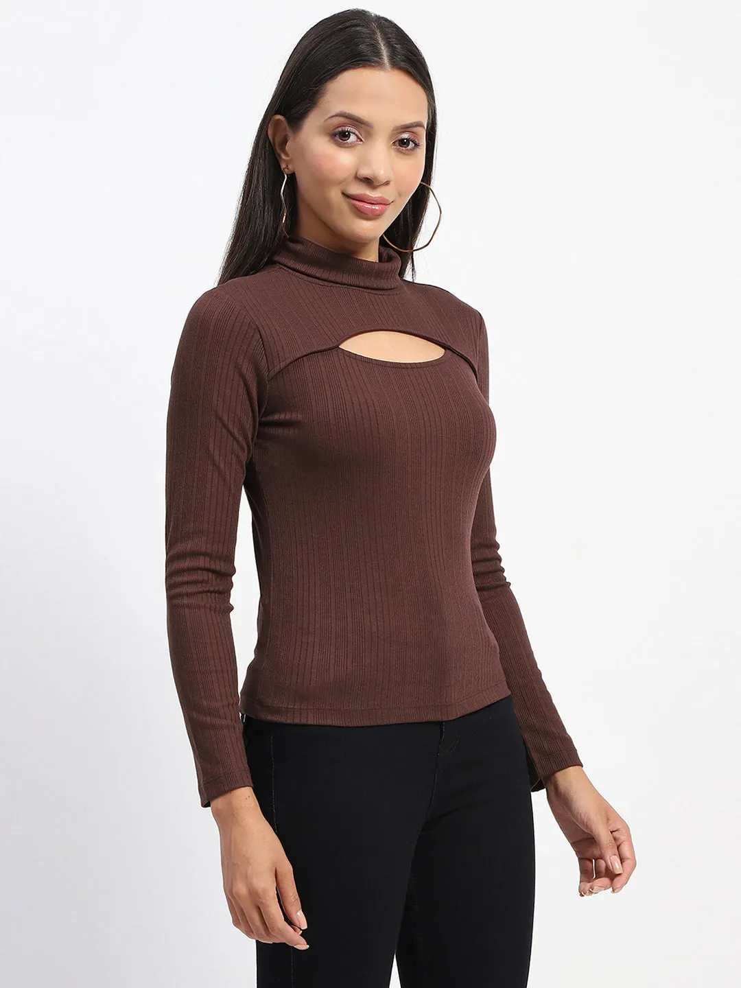 Madame Ribbed High Neck Cutout Coffee Brown Top