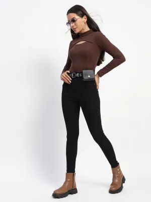 Madame Ribbed High Neck Cutout Coffee Brown Top