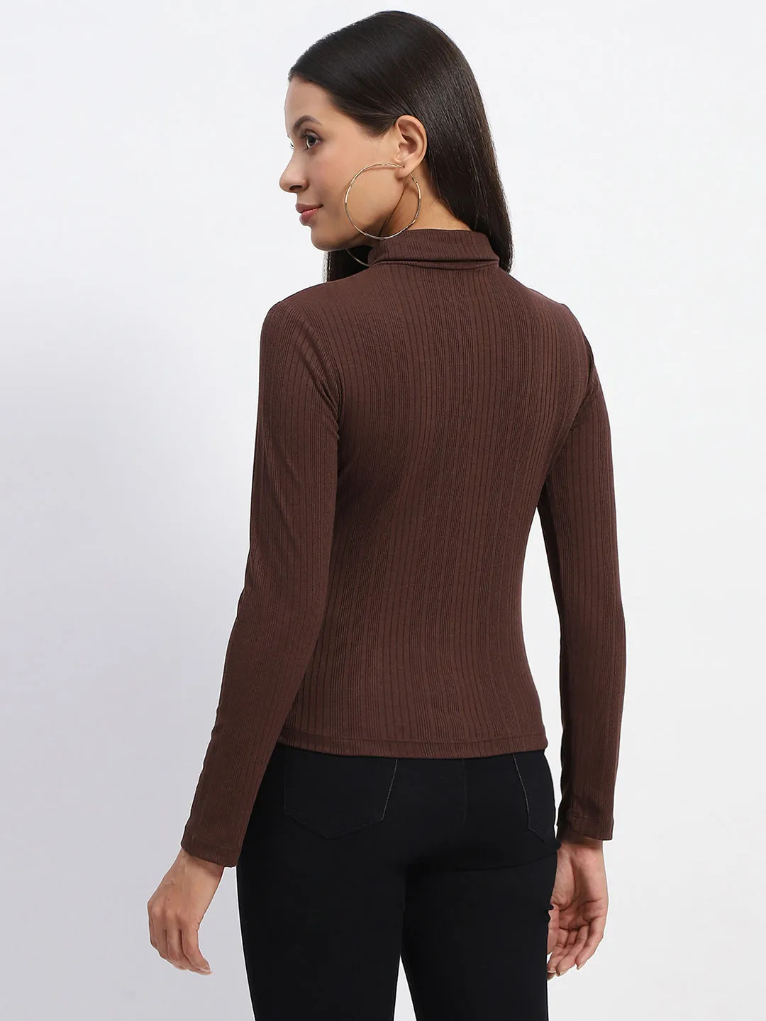 Madame Ribbed High Neck Cutout Coffee Brown Top