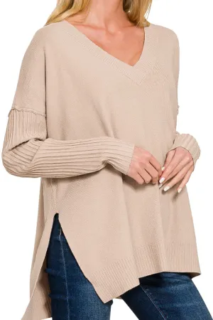 Maine Moment Light Mocha Ribbed Hem & Sleeve V-Neck Sweater