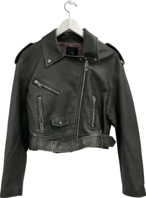 MANGO Grey Faux Leather Belted Biker Jacket UK M