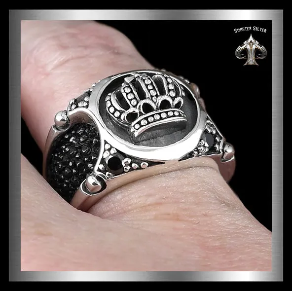 Mens Biker Ring Medieval Celtic Crown Stingray Inlay Sterling Silver