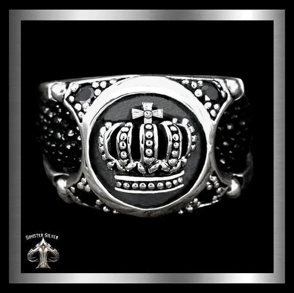 Mens Biker Ring Medieval Celtic Crown Stingray Inlay Sterling Silver