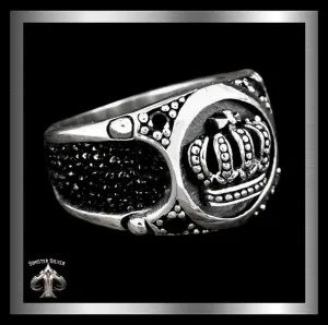 Mens Biker Ring Medieval Celtic Crown Stingray Inlay Sterling Silver