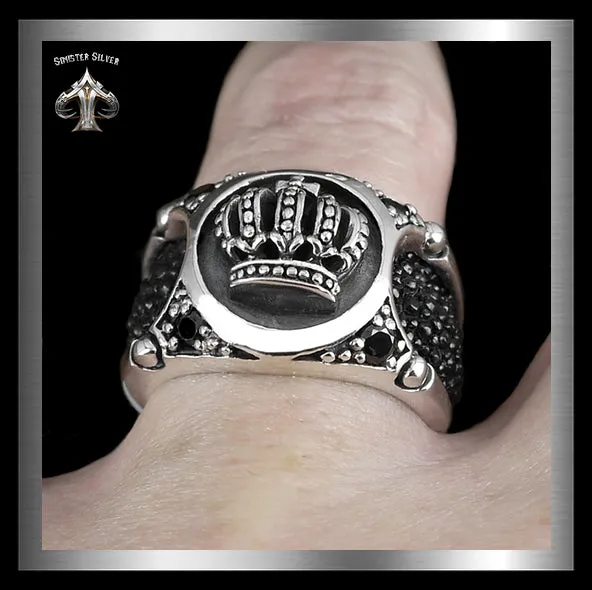 Mens Biker Ring Medieval Celtic Crown Stingray Inlay Sterling Silver