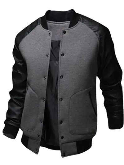 Men's Snap Button Up PU Leather Insert Raglan Sleeves Jacket