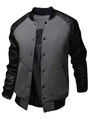 Men's Snap Button Up PU Leather Insert Raglan Sleeves Jacket