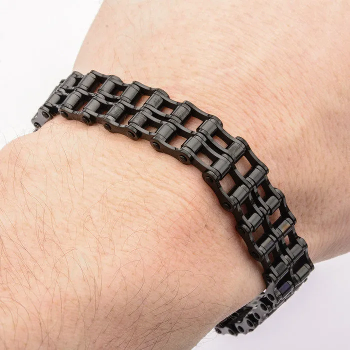 Men's Stainles Steel Black IP Double Motor Chain Design Bracelet
