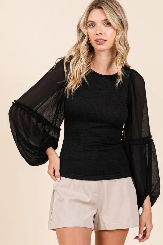 Mixed Media Textured Knit Chiffon Long Sleeve Top