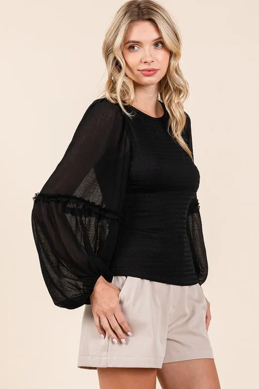 Mixed Media Textured Knit Chiffon Long Sleeve Top