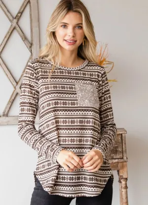 Mocha Winter Print Top with Sequin Pocket