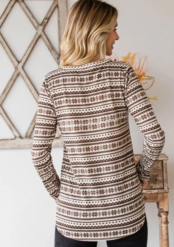 Mocha Winter Print Top with Sequin Pocket