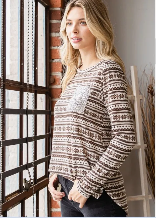Mocha Winter Print Top with Sequin Pocket