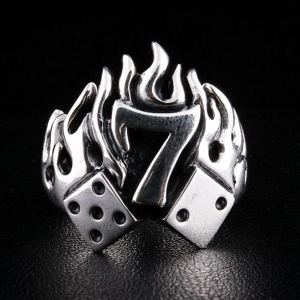 Number 7 Dice Flame Sterling Silver Biker Ring