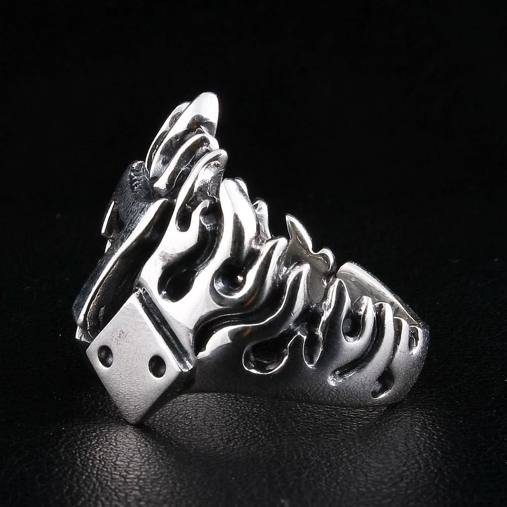 Number 7 Dice Flame Sterling Silver Biker Ring