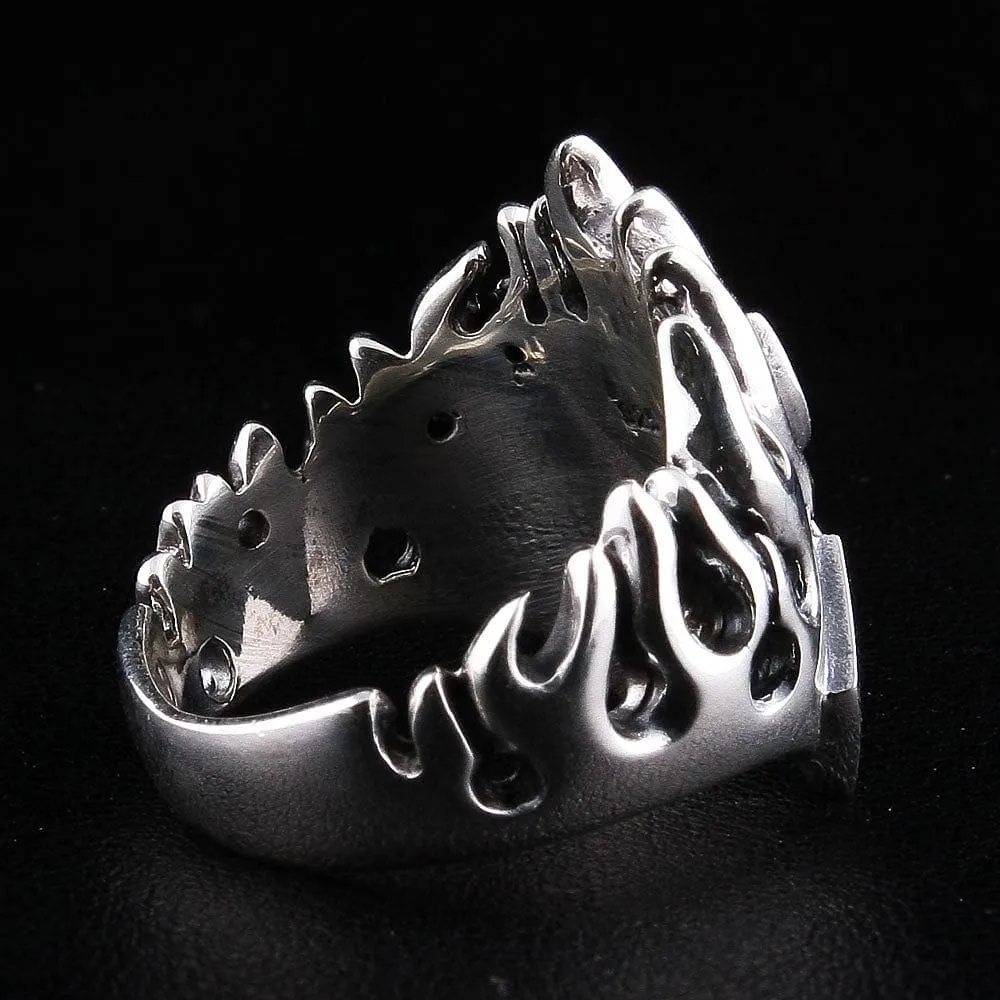 Number 7 Dice Flame Sterling Silver Biker Ring