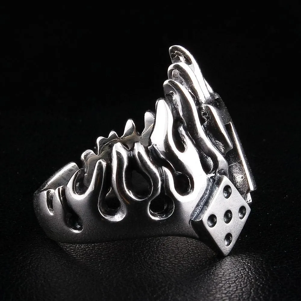 Number 7 Dice Flame Sterling Silver Biker Ring
