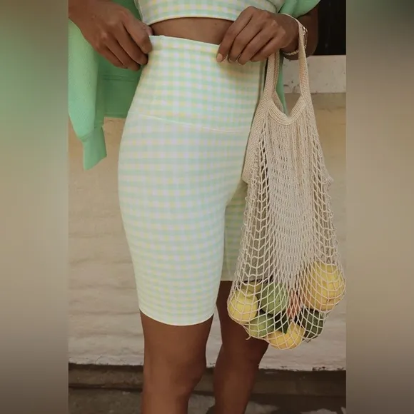 NWT Bandier x Sincerely Jules The Bryn 7&quot; Biker Lifestyle Short Green Gingham