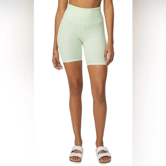 NWT Bandier x Sincerely Jules The Bryn 7&quot; Biker Lifestyle Short Green Gingham