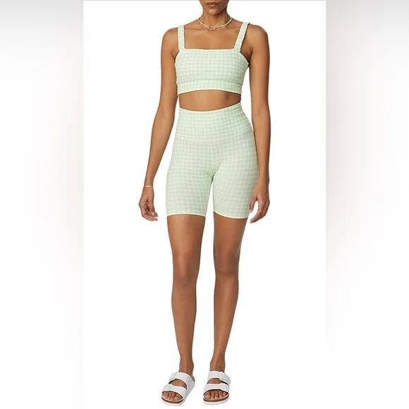 NWT Bandier x Sincerely Jules The Bryn 7&quot; Biker Lifestyle Short Green Gingham