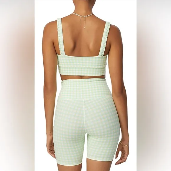 NWT Bandier x Sincerely Jules The Bryn 7&quot; Biker Lifestyle Short Green Gingham