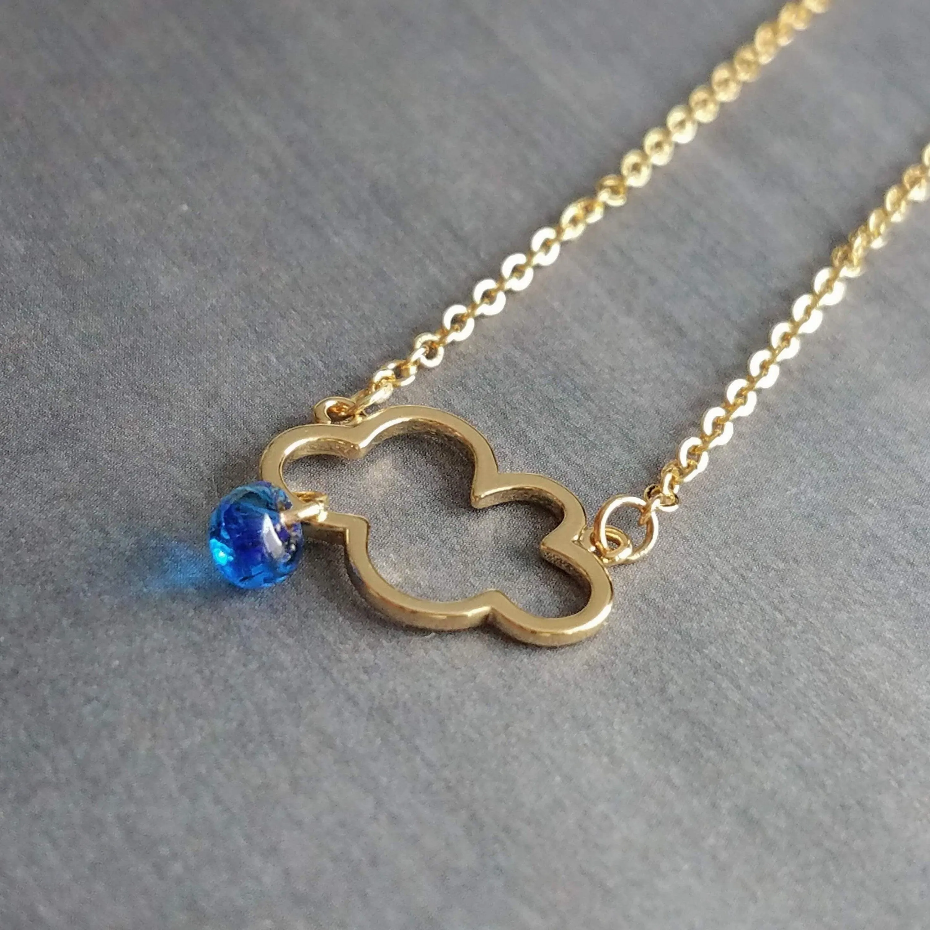 Rain Cloud Necklace, gold cloud outline necklace, cloud pendant, raindrop dangle, blue raindrops, weather storm rain necklace