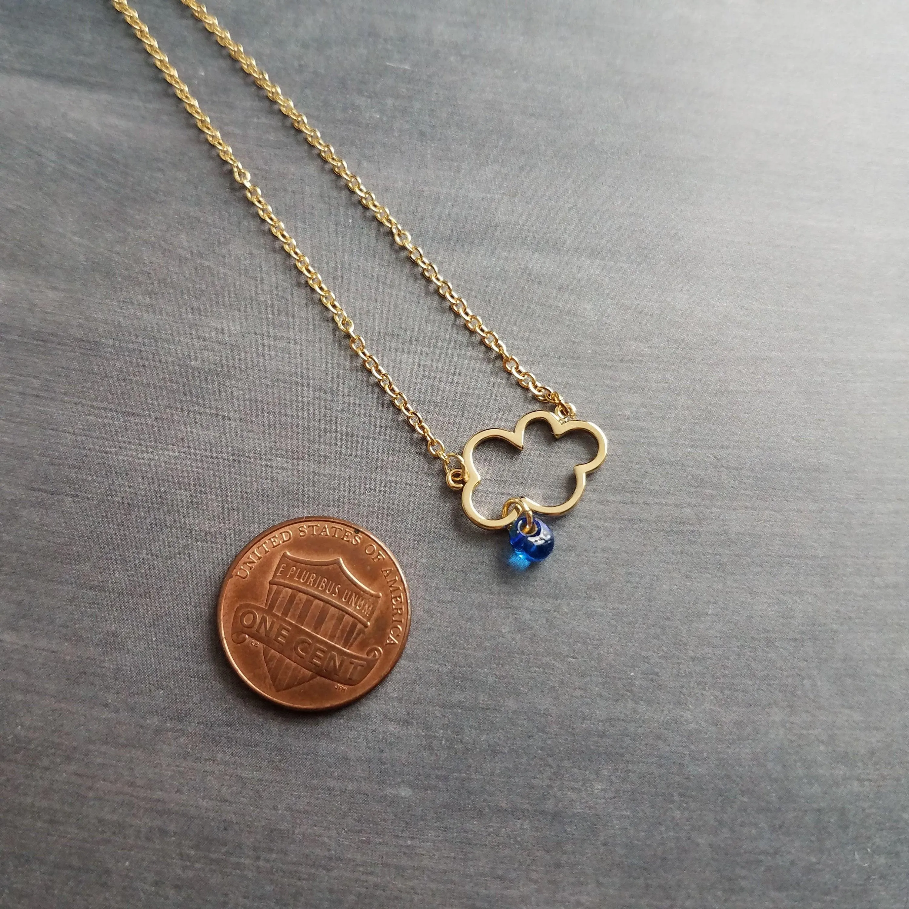 Rain Cloud Necklace, gold cloud outline necklace, cloud pendant, raindrop dangle, blue raindrops, weather storm rain necklace