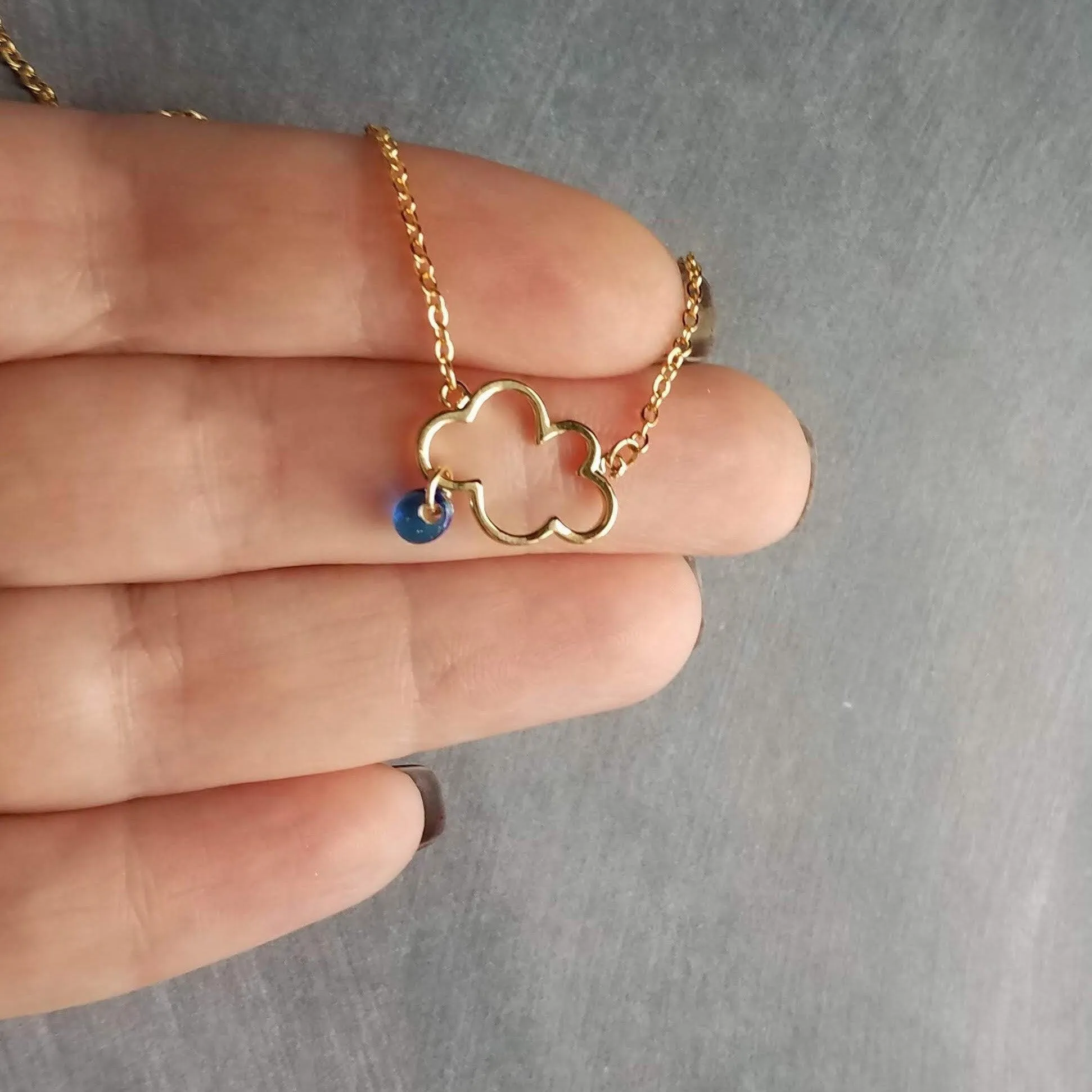 Rain Cloud Necklace, gold cloud outline necklace, cloud pendant, raindrop dangle, blue raindrops, weather storm rain necklace