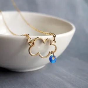 Rain Cloud Necklace, gold cloud outline necklace, cloud pendant, raindrop dangle, blue raindrops, weather storm rain necklace