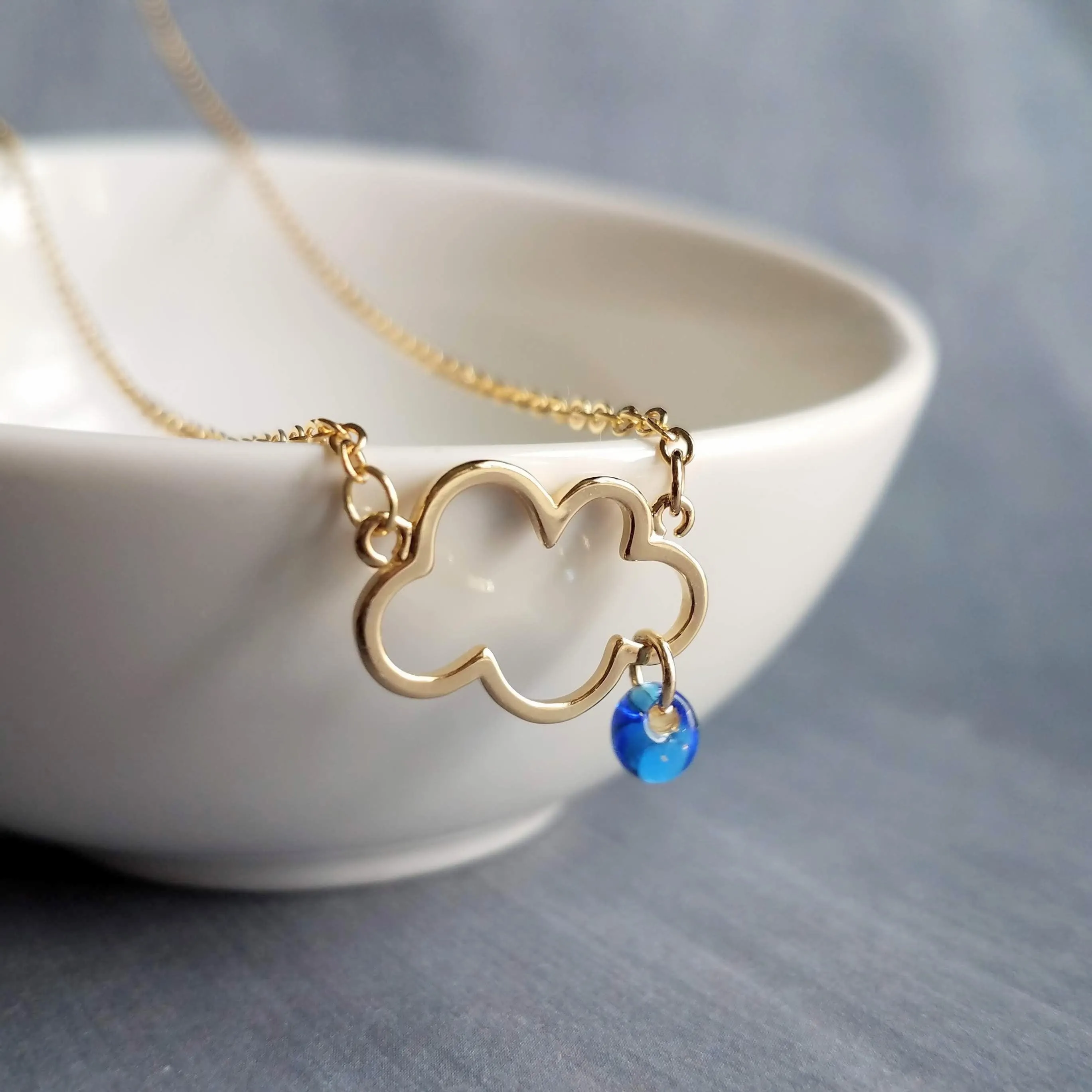 Rain Cloud Necklace, gold cloud outline necklace, cloud pendant, raindrop dangle, blue raindrops, weather storm rain necklace