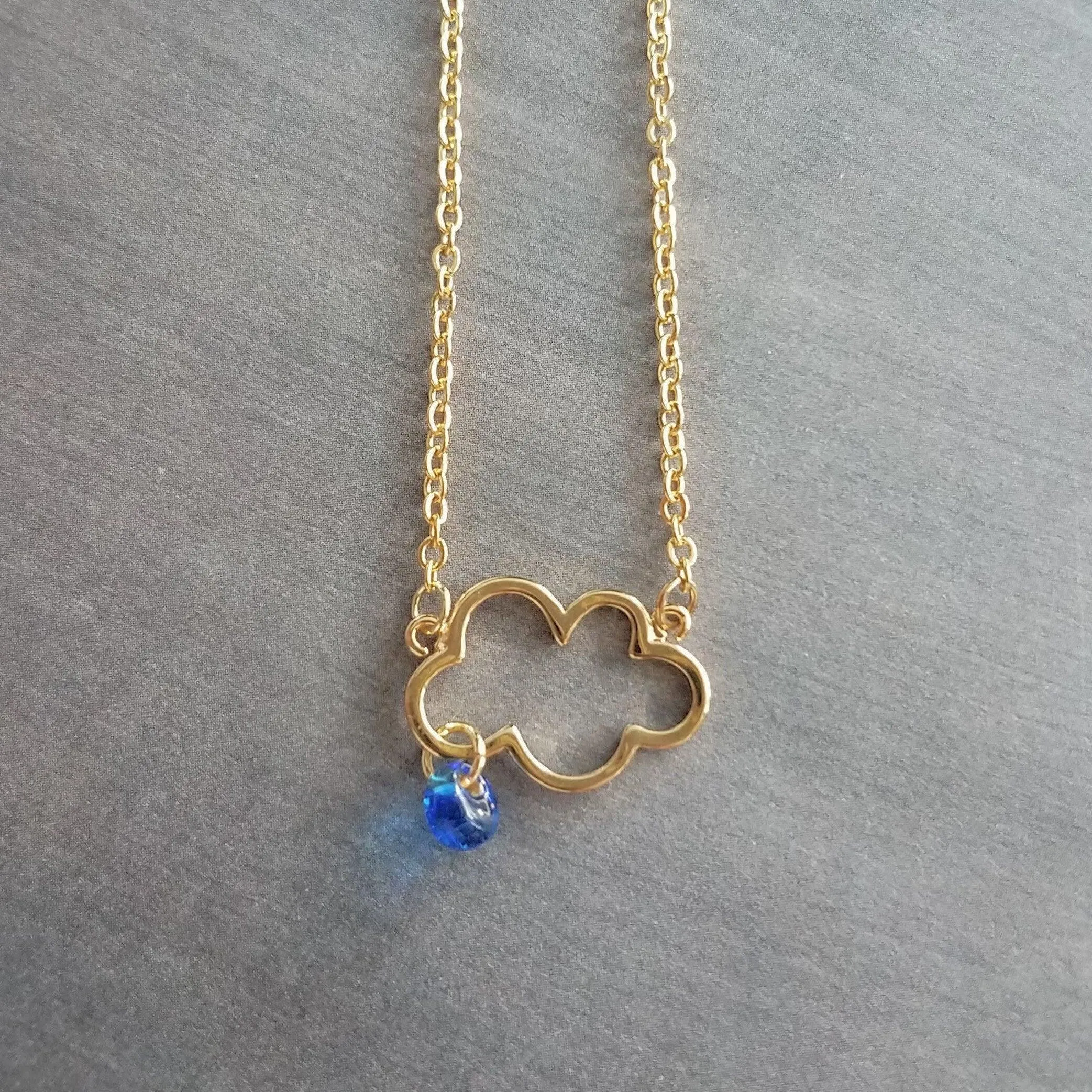Rain Cloud Necklace, gold cloud outline necklace, cloud pendant, raindrop dangle, blue raindrops, weather storm rain necklace