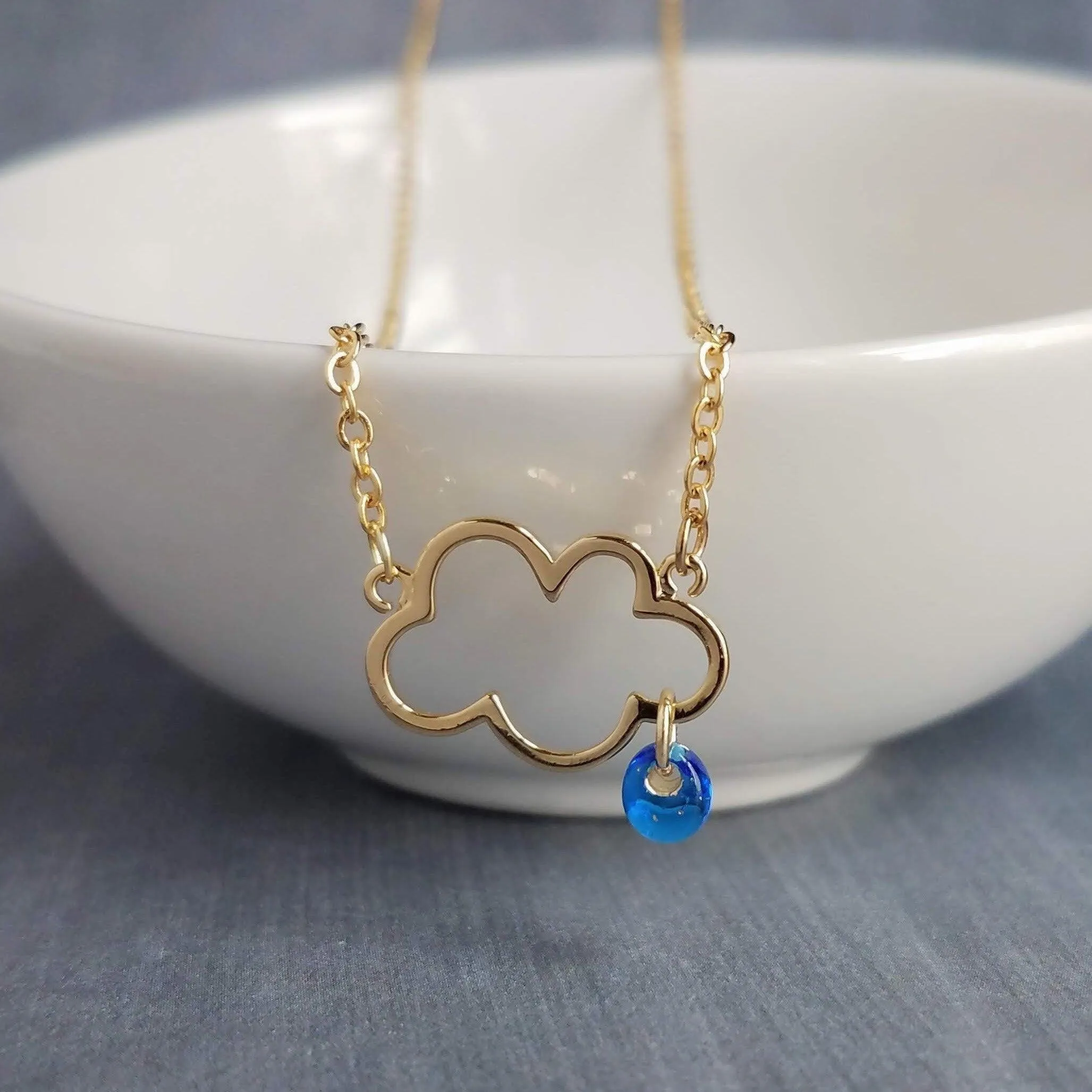 Rain Cloud Necklace, gold cloud outline necklace, cloud pendant, raindrop dangle, blue raindrops, weather storm rain necklace