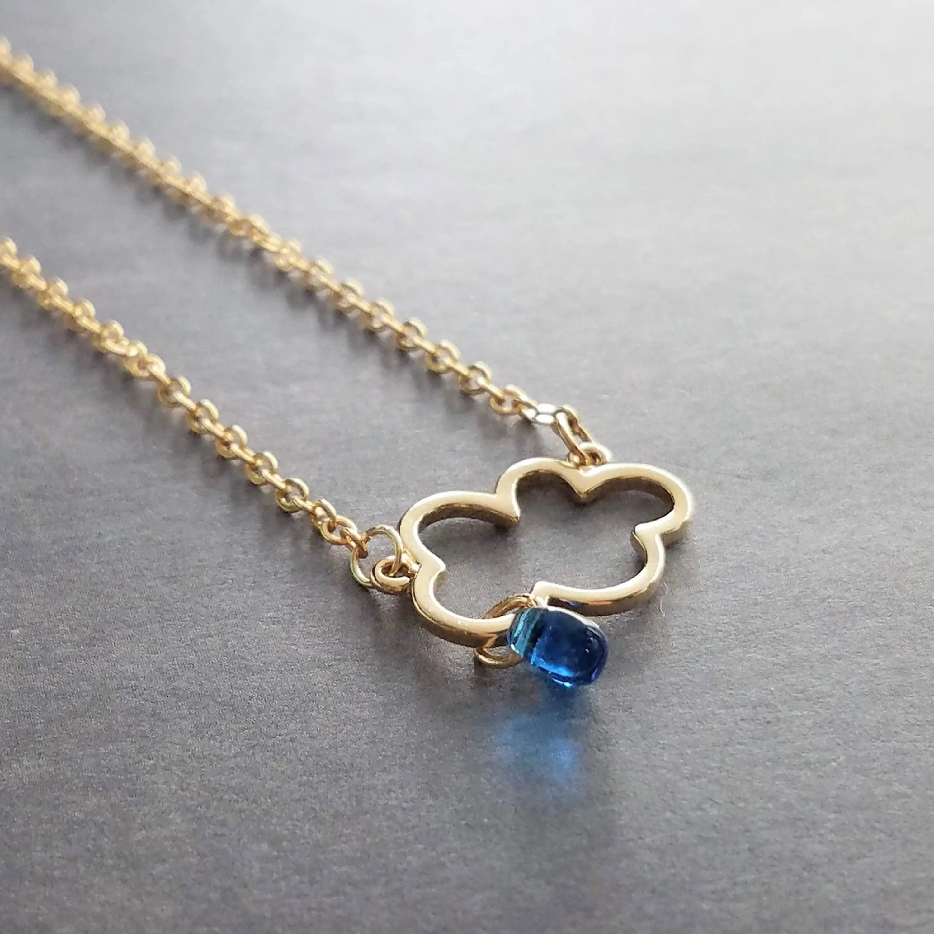Rain Cloud Necklace, gold cloud outline necklace, cloud pendant, raindrop dangle, blue raindrops, weather storm rain necklace