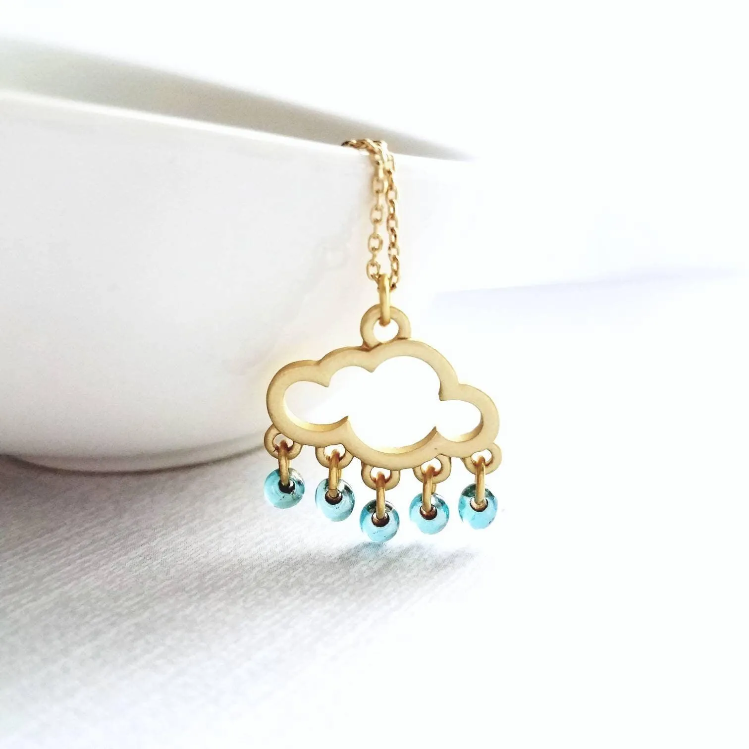Rain Cloud Necklace, gold cloud outline necklace, cloud pendant, raindrop dangle, blue raindrops, weather storm rain necklace