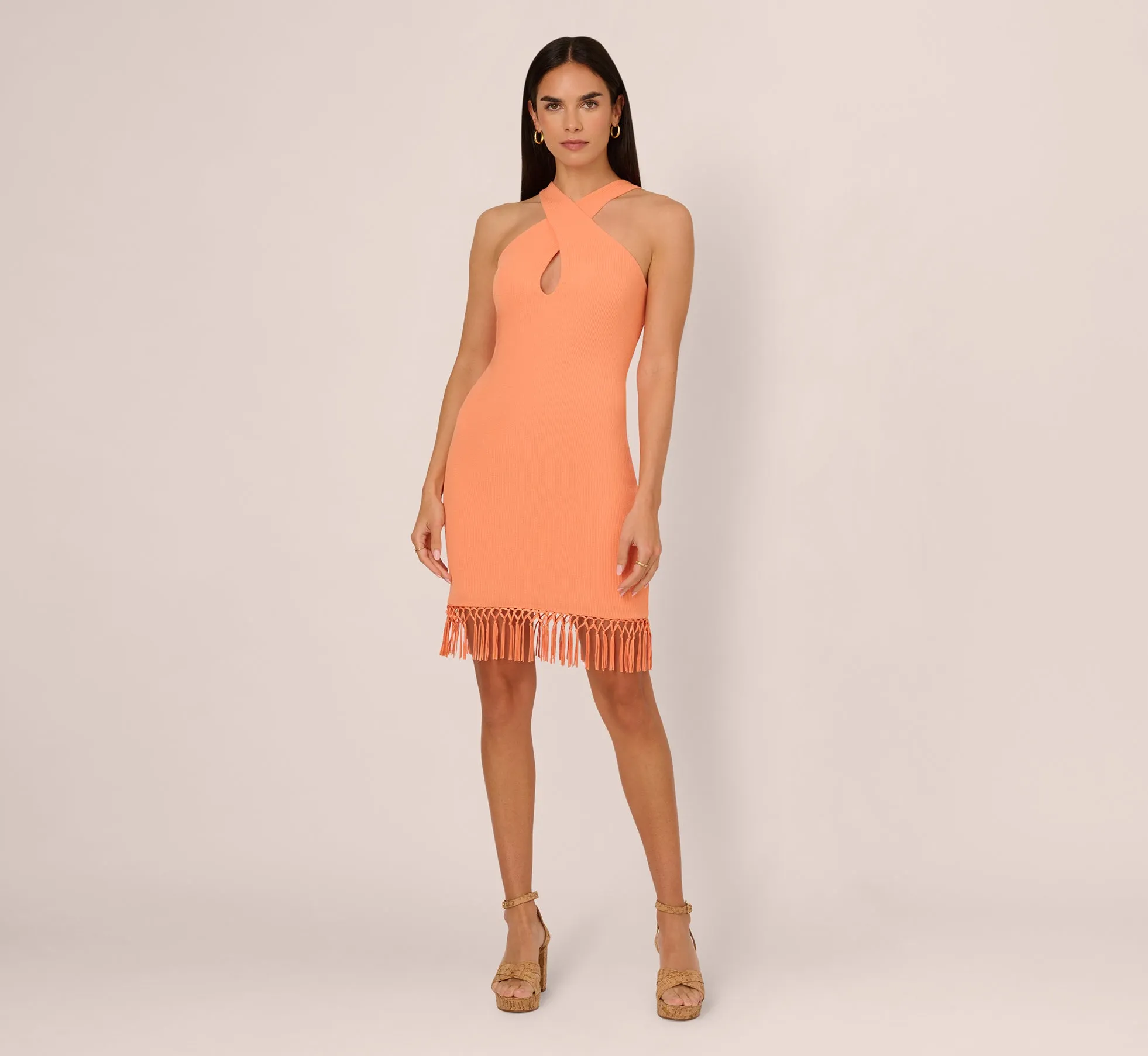 Rib Knit Halter Dress With Fringe Skirt In Tangerine