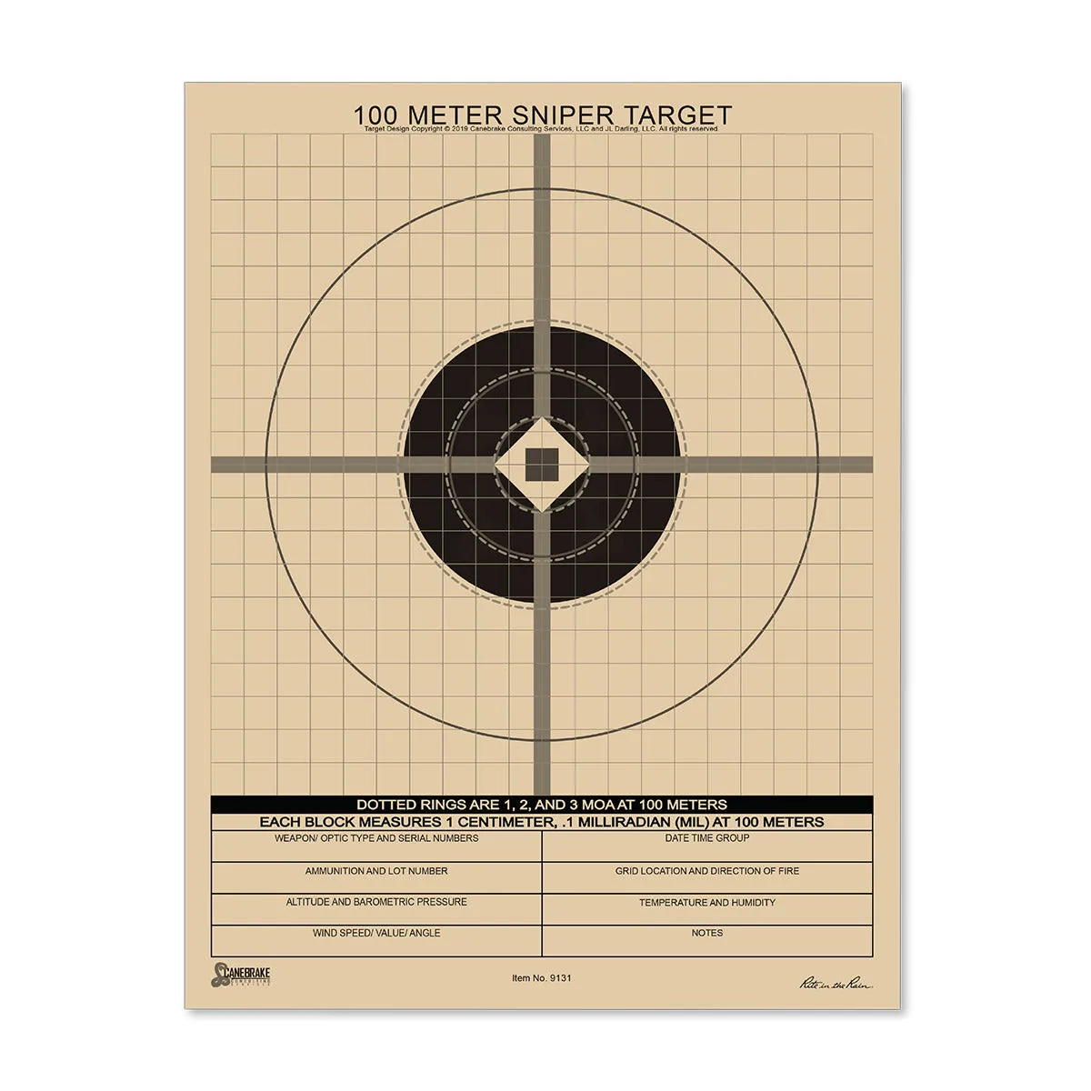 Rite in the Rain All-Weather 100M True MIL Grid Sniper Target Universal 100 Sheet
