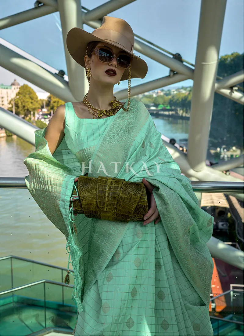 Sea Green Golden Handloom Silk Saree