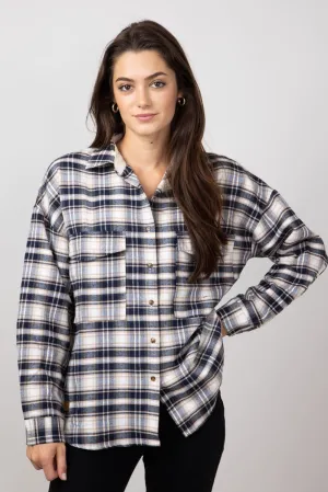 Simply Southern Plaid Button Up Shirt for Women in Navy | PP-0224-SHKT-PLD-NAVY
