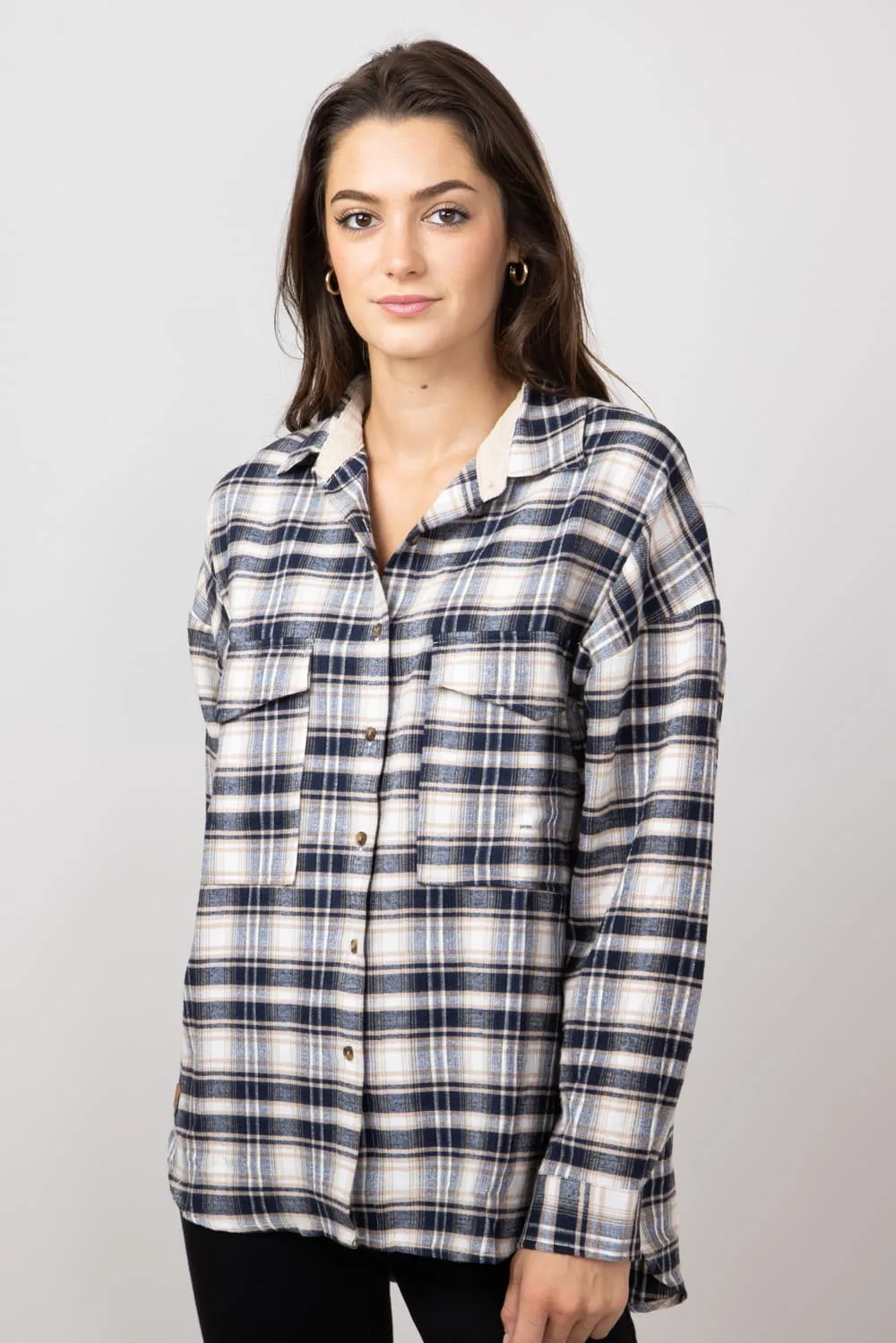 Simply Southern Plaid Button Up Shirt for Women in Navy | PP-0224-SHKT-PLD-NAVY
