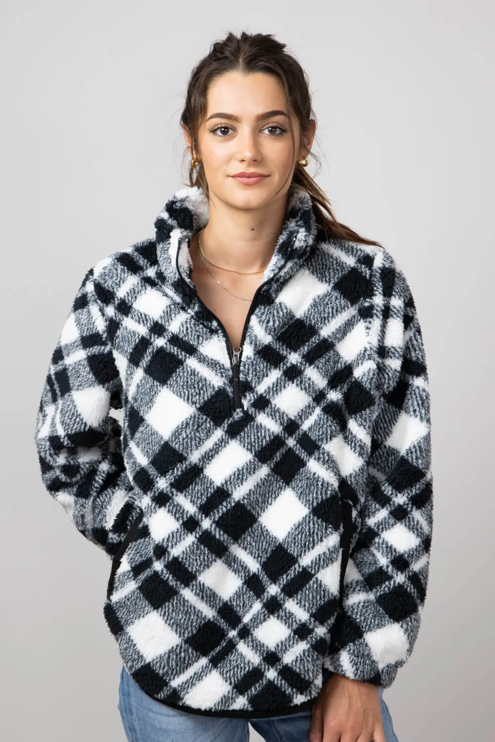 Simply Southern Quarter Zip Pullover for Women in White/Black Plaid | PP-0224-PULL-EVRYDY-PLDWHT