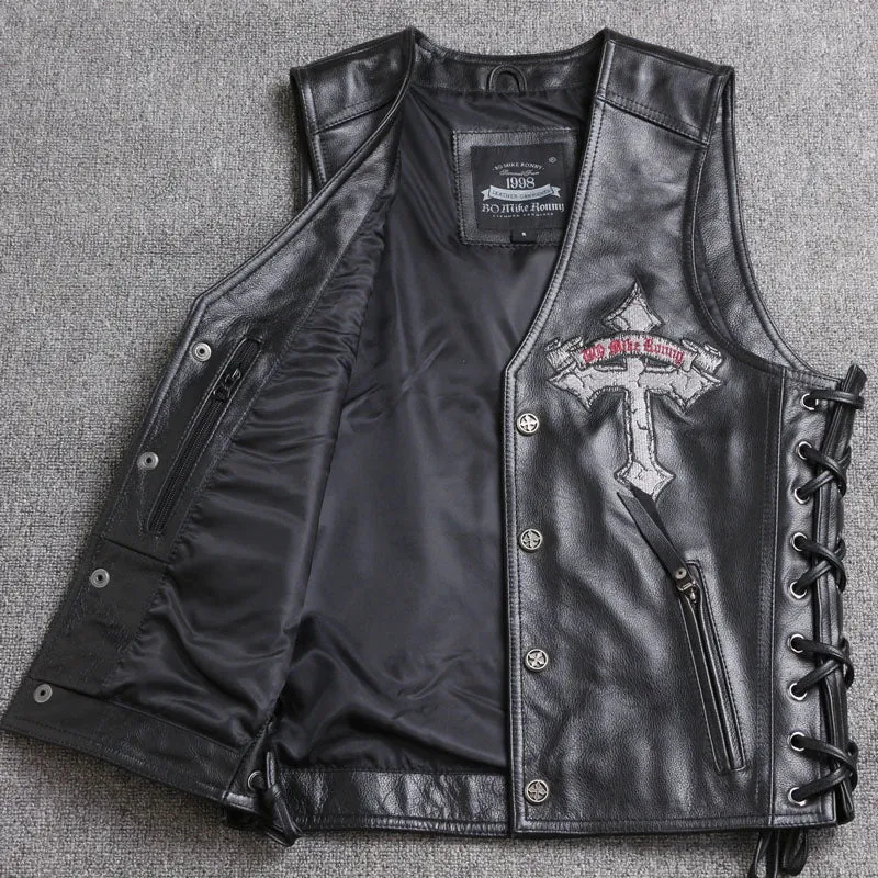 Skull Embroidered Biker Leather Vest
