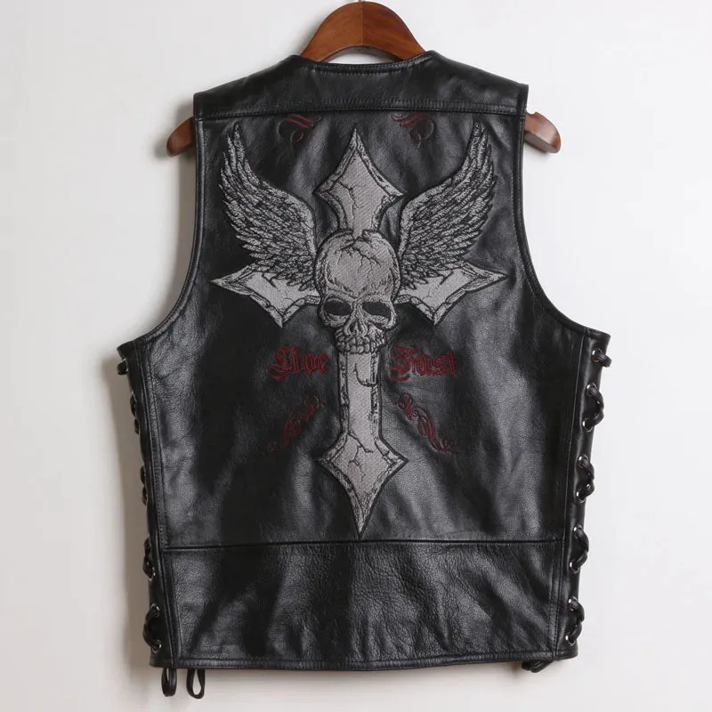 Skull Embroidered Biker Leather Vest