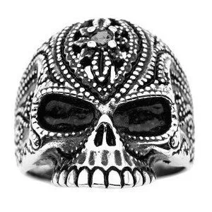 Stainless Steel Black Oxidized Black Gem Sugar Skull Ring