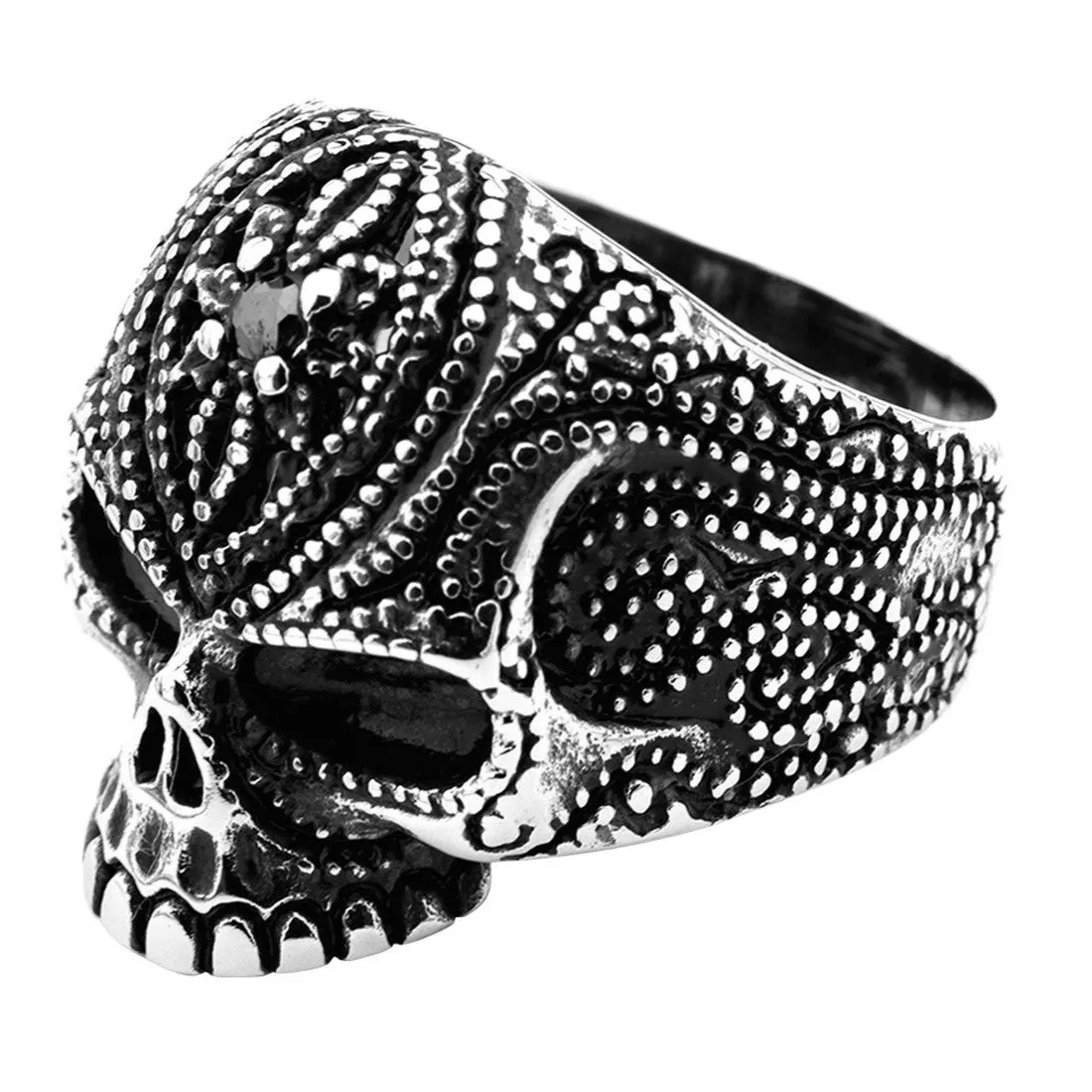 Stainless Steel Black Oxidized Black Gem Sugar Skull Ring