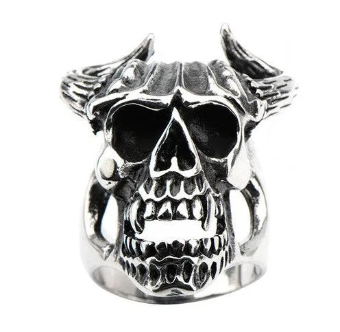 Stainless Steel Black Oxidized Skull with Bull Horns Ring