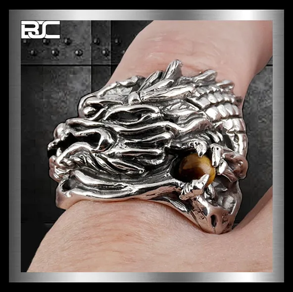Sterling Silver Biker Dragon Tiger Eye Ring